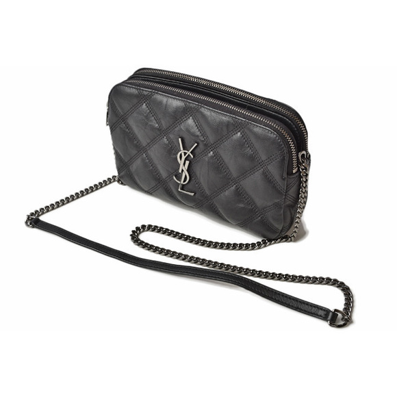 Saint Laurent Becky Double Zip Pouch Mini Bag Clutch Bag Leather Black YSL - Picture 3 of 7
